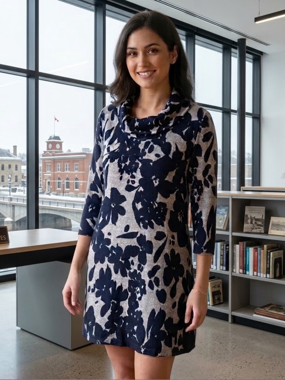 Papillon Blanc Navy Floral Print Cowl Neck Tunic XXL
